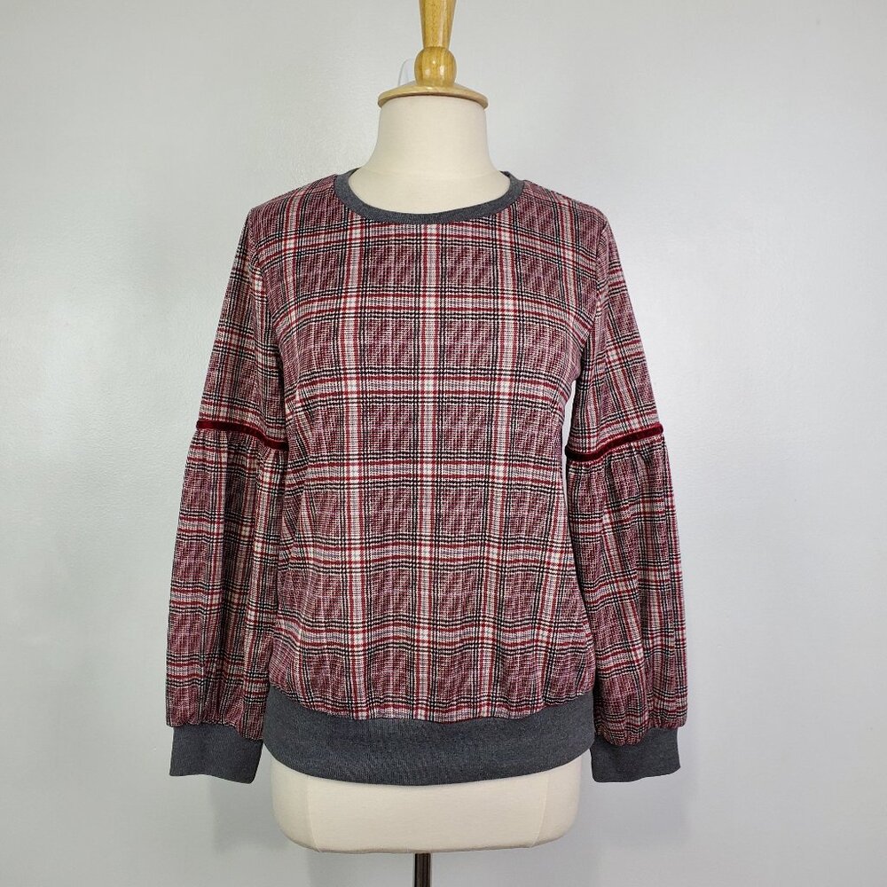 Hem & Thread 141204 Lantern Sleeve Plaid Elevated Sweatshirt Style Top Size M